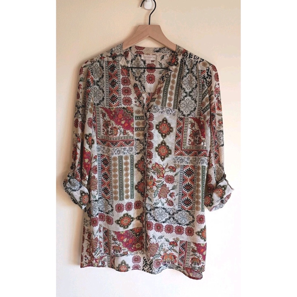 Boho Patchwork Floral Blouse L Button Front Top Lightweight Roll Tab Sleeve Chic